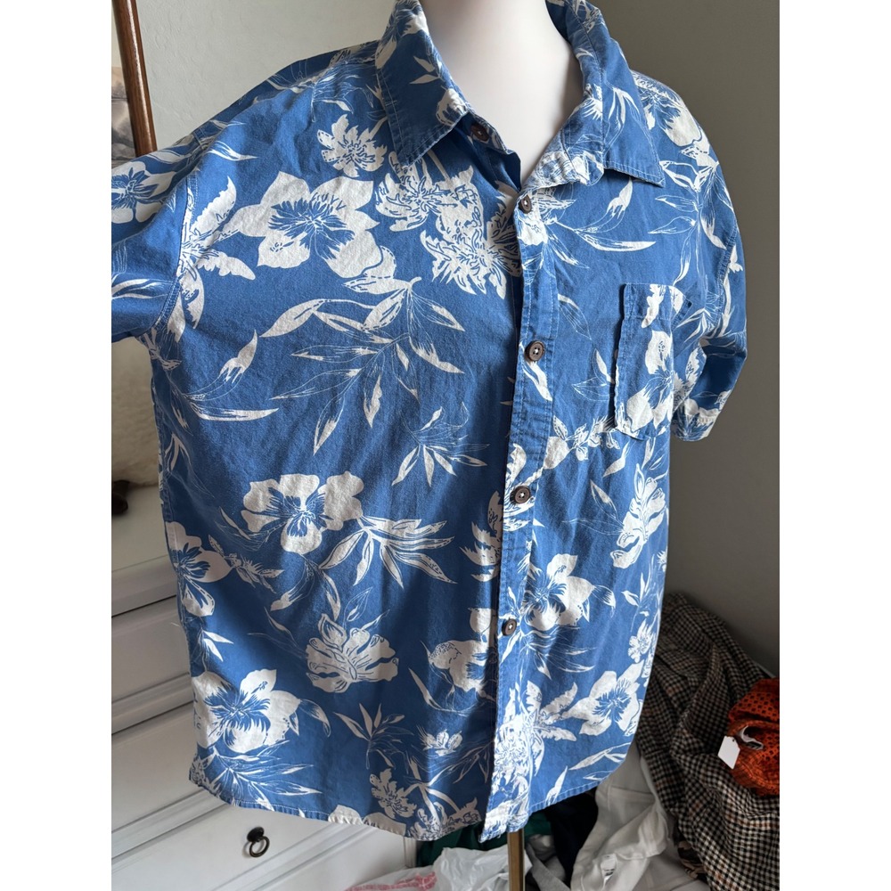 Vintage Hawaiian Shirt Tropical Floral Blue Cotton Button Down Summer Beach - Picture 3 of 3